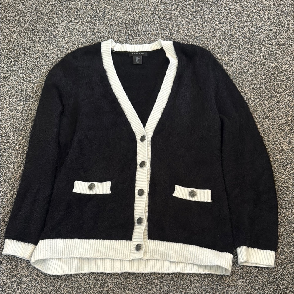Tahari Black and White V-Neck Cardigan
